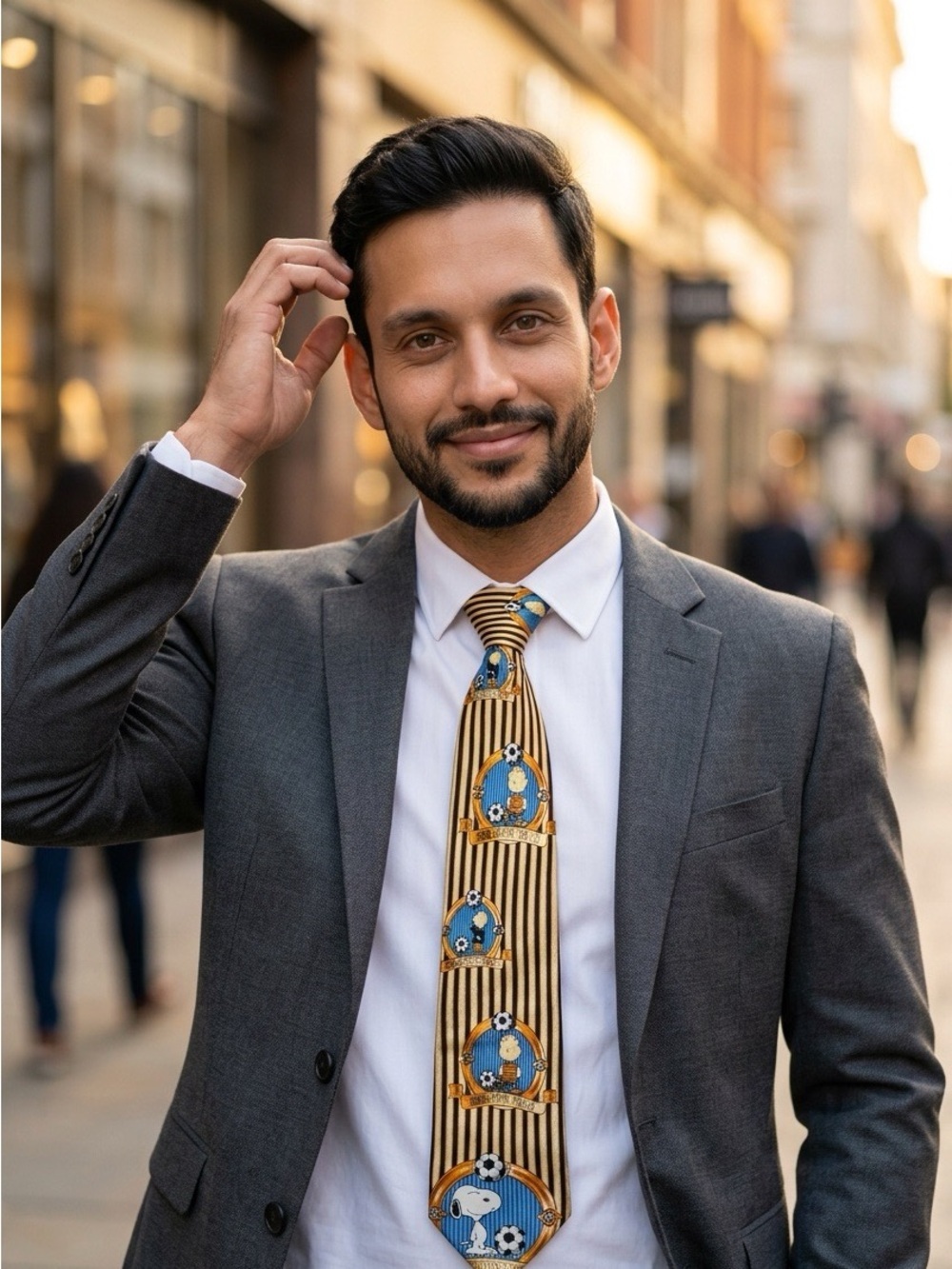 2040 - Peanuts Gold, Black & White Striped Silk Tie